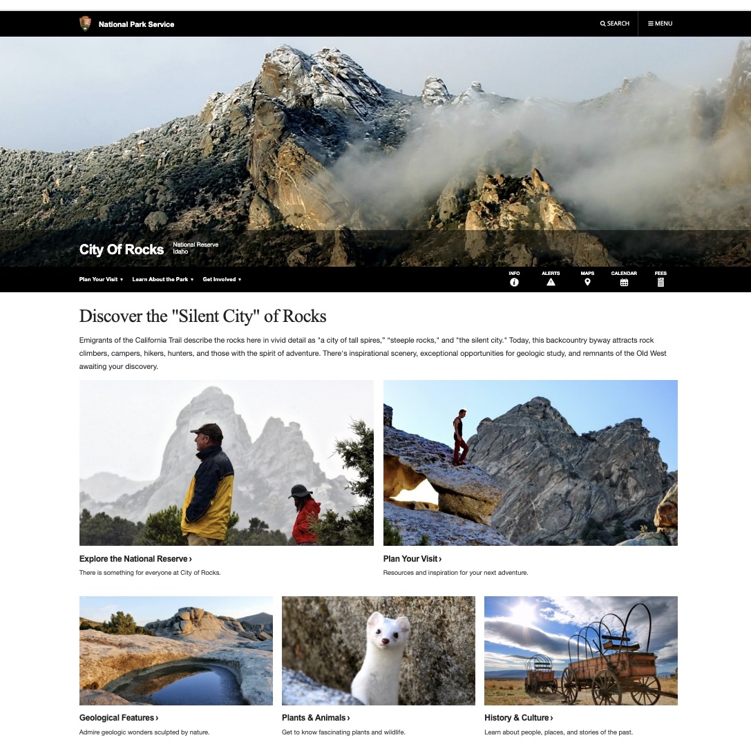 Screenshot of City of Rocks National Reserve Website.
