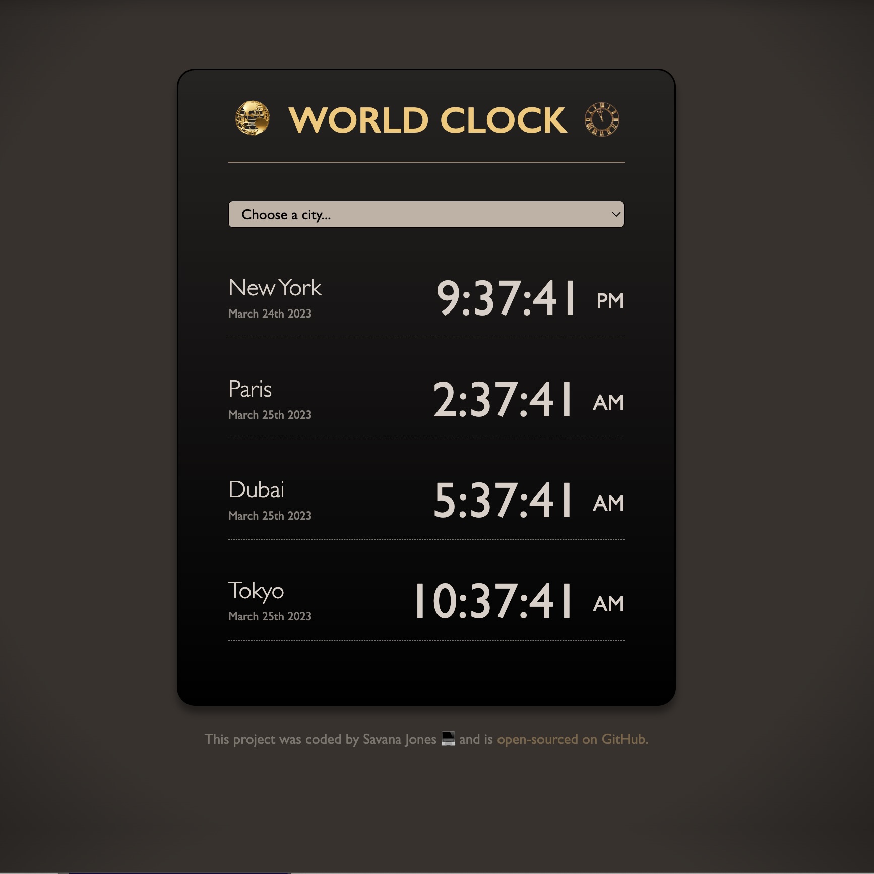 Screenshot of a World Clock App.